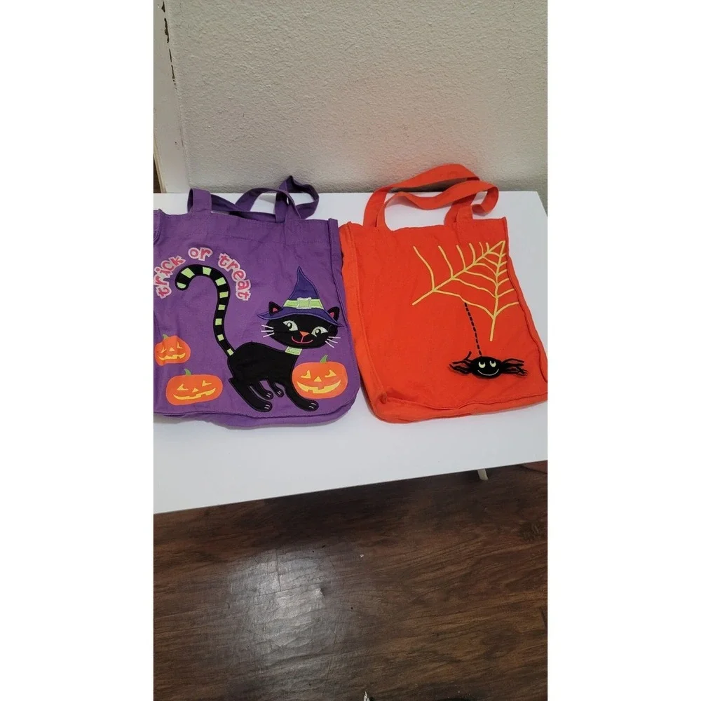 Halloween Trick Or Treat Bags Set - Purple Cat & Orange Pumpkin Design With Hand
